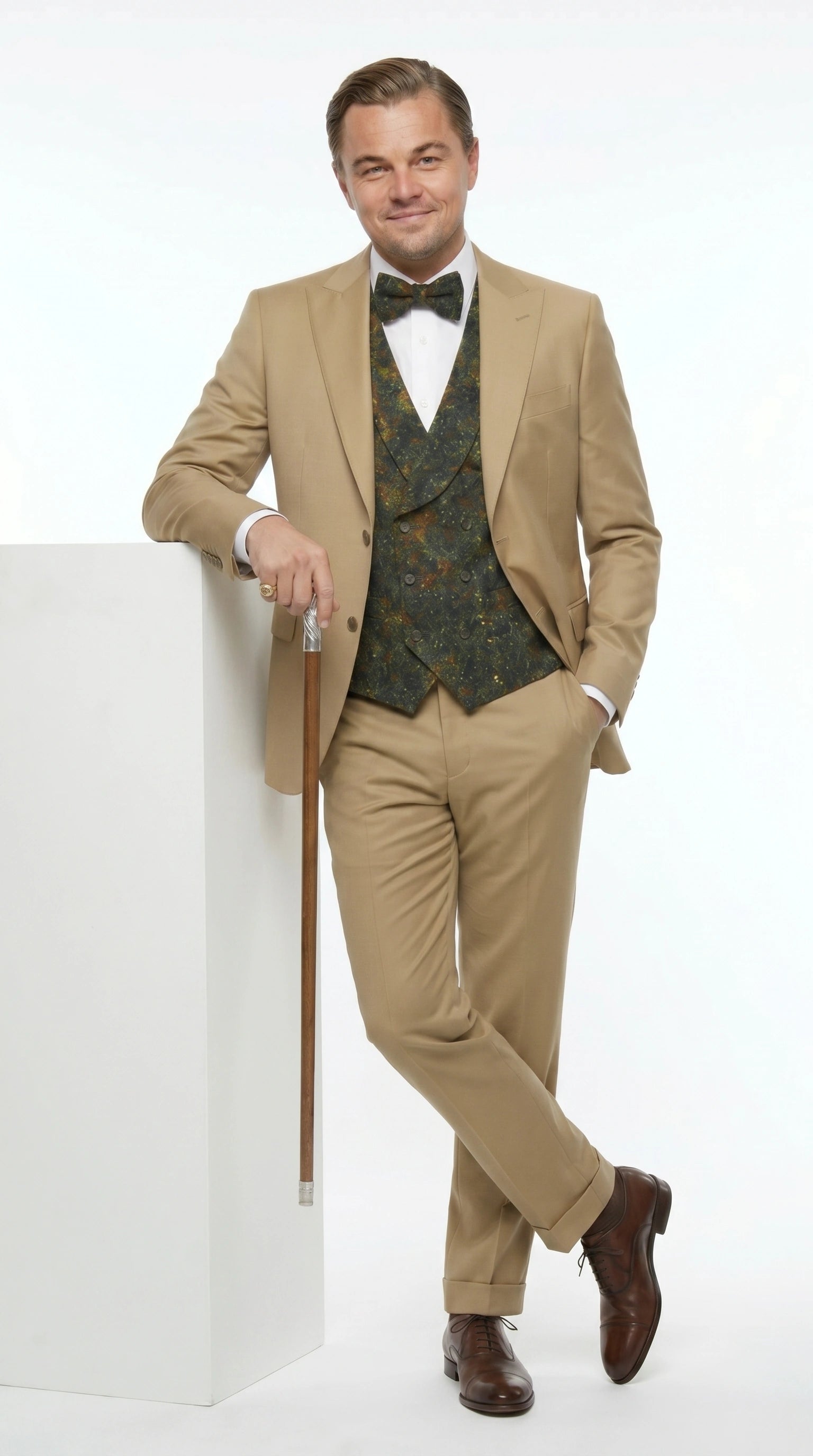 Men’s Khaki 3 Piece Suit with Patterned Vest, Great Gatsby Inspired Formal Suit for Weddings, Mardi Gra in Tan Camel Color