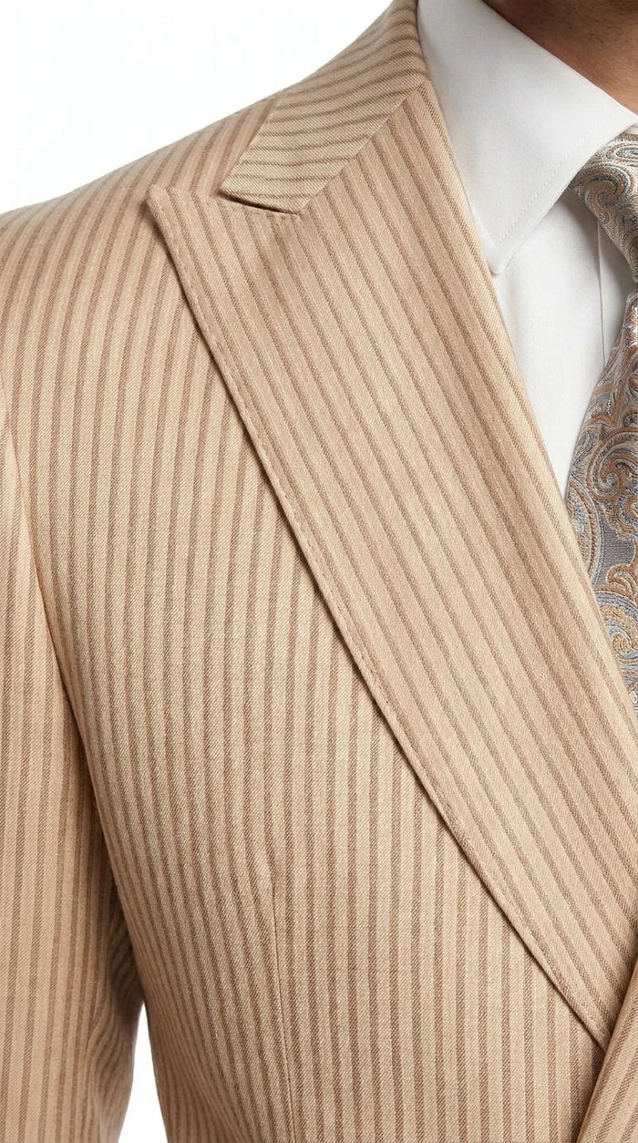 Vitali Men’s Tone on Tone Beige Pinstripe 2 Piece Suit, Double Breasted Summer Dress Suit for Weddings, Tan Beige Shadow Pinstripe