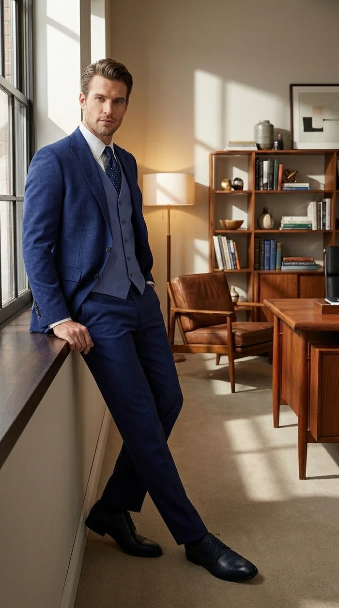 Vitali Men’s Navy Blue 3 Piece Suit with Light Blue Vest, Textured Formal Dress Suit for Weddings, Prom, Business Events, and Parties