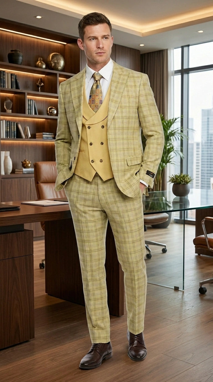 Vitali Men’s Sage Beige Tan Plaid 3 Piece Suit, Check Pattern Formal Dress Suit for Weddings, Prom, Business Events, Modern Fit Light Yellow Color