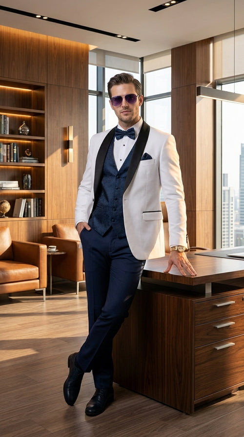 Men’s White and Navy Blue Tuxedo Wedding Suit with Blazer, Vest, Pants and Bow Tie, Formal Groom Suit