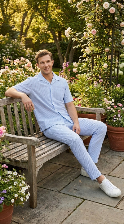 Mens Light Blue Seersucker Walking Suit Set – Casual Summer Short Sleeve Outfit with Matching Pants Lightweight Two Piece Set