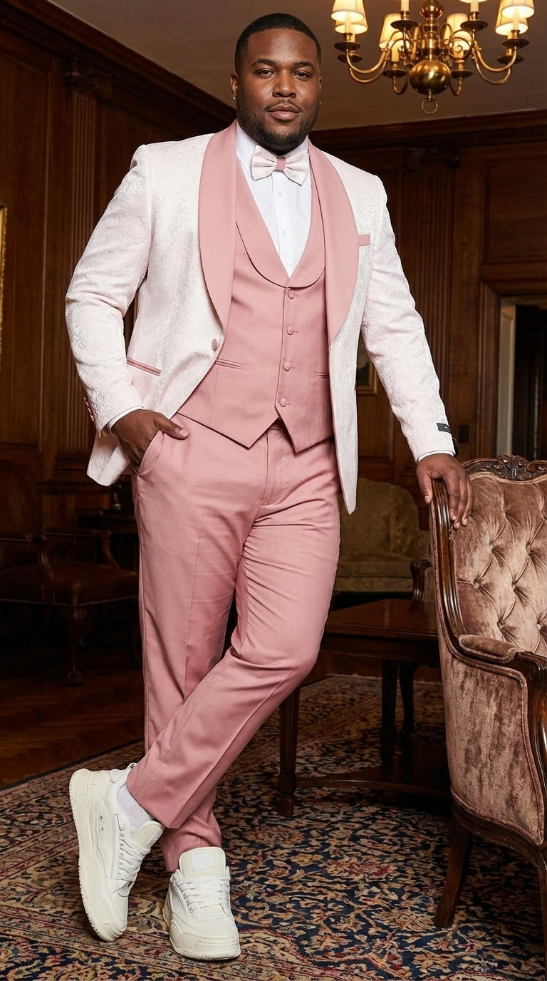 Men’s Cream and Rose Pink Prom Suit – Cream Tuxedo Jacket with Rose Pink Pants and Shawl Lapel Formal Suit for Prom and Wedding