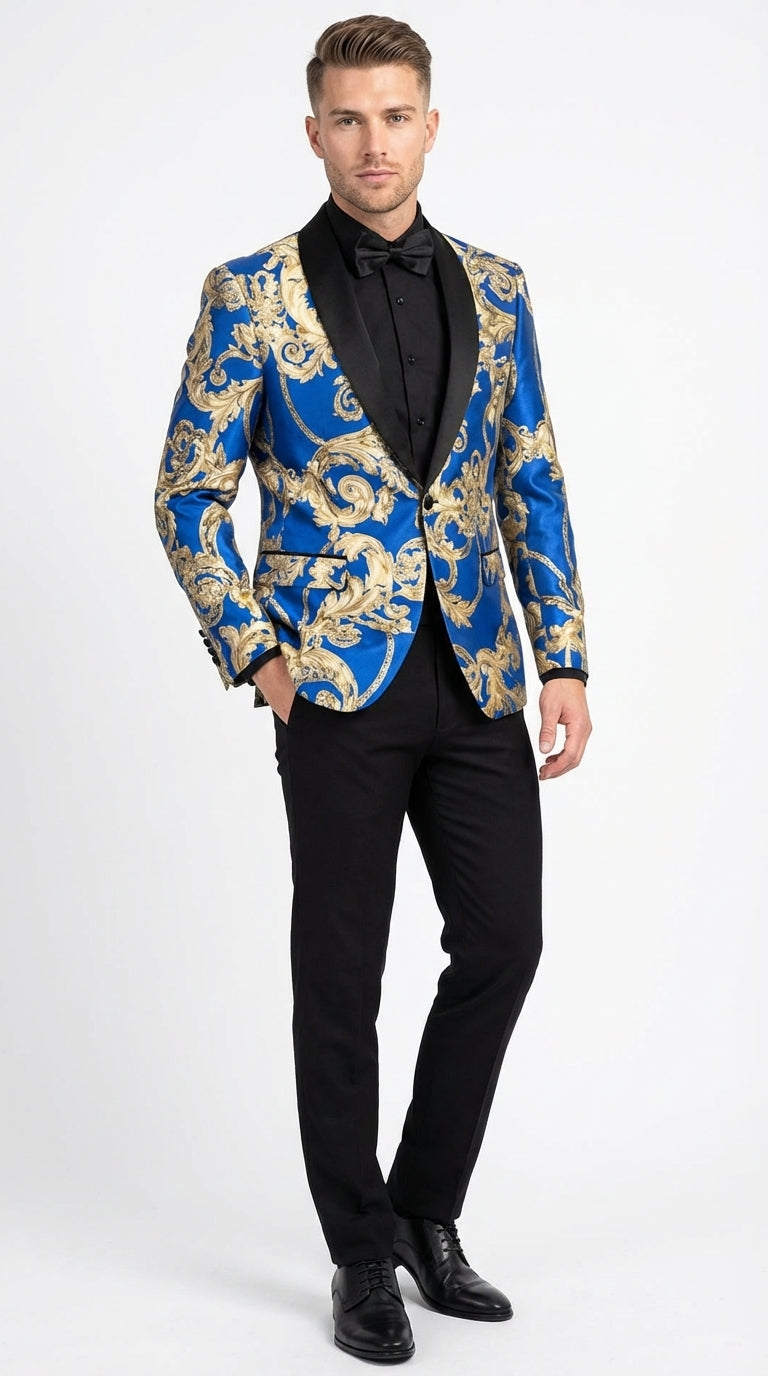 Men’s Royal Blue and Gold Blazer Jacket – Luxury Floral Pattern Tuxedo Blazer, Formal Party Wedding Dinner Jacket, Stylish Evening Wear – SuitUSA