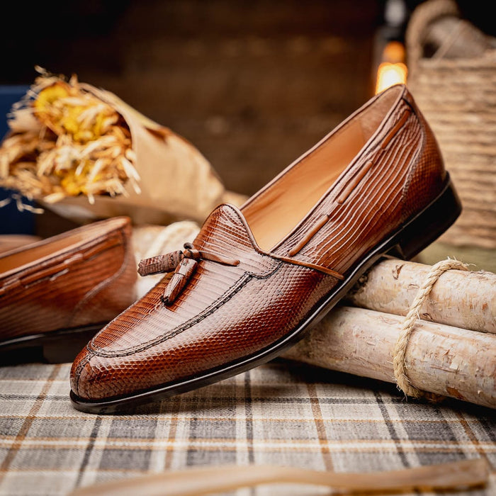 Zelli Franco Cognac Lizard Tassel Loafer with Classic Apron Toe
