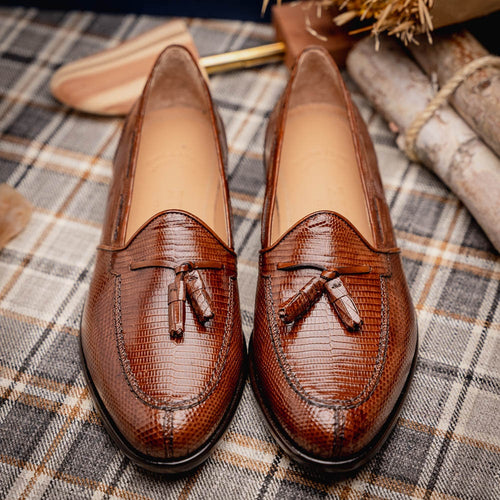 Zelli Franco Cognac Lizard Tassel Loafer with Classic Apron Toe