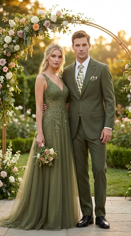 Men’s Olive Green Tuxedo With Trim Collar – Formal Wedding, Prom Suit Modern Fit