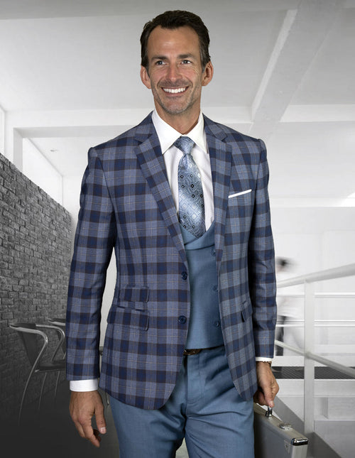 Mens 2 Button Suit with Low Cut Vest in Indigo Plaid