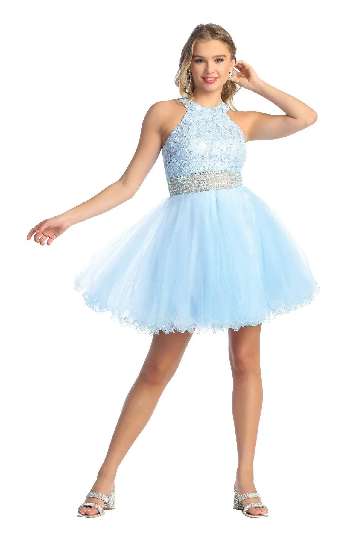Cindy Collection 1447 Short Halter Lace Bodice Tulle Dress with Stone Belt – SuitUSA