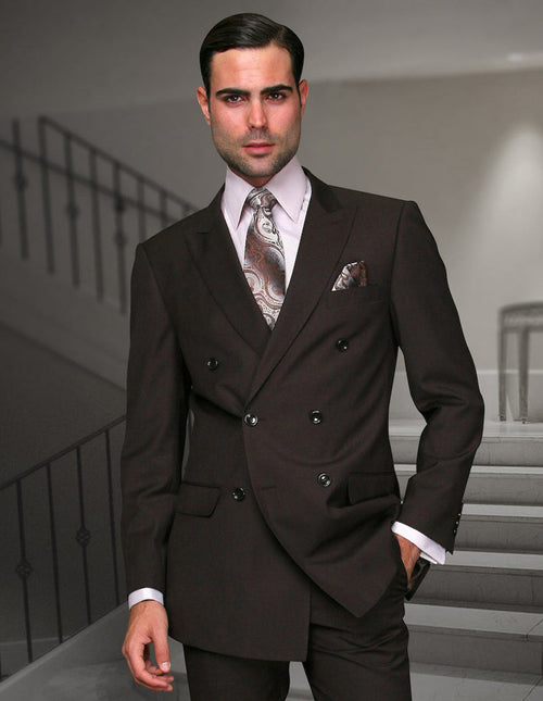 Mens Classic Wool Double Breasted Suit in Brown by Statement