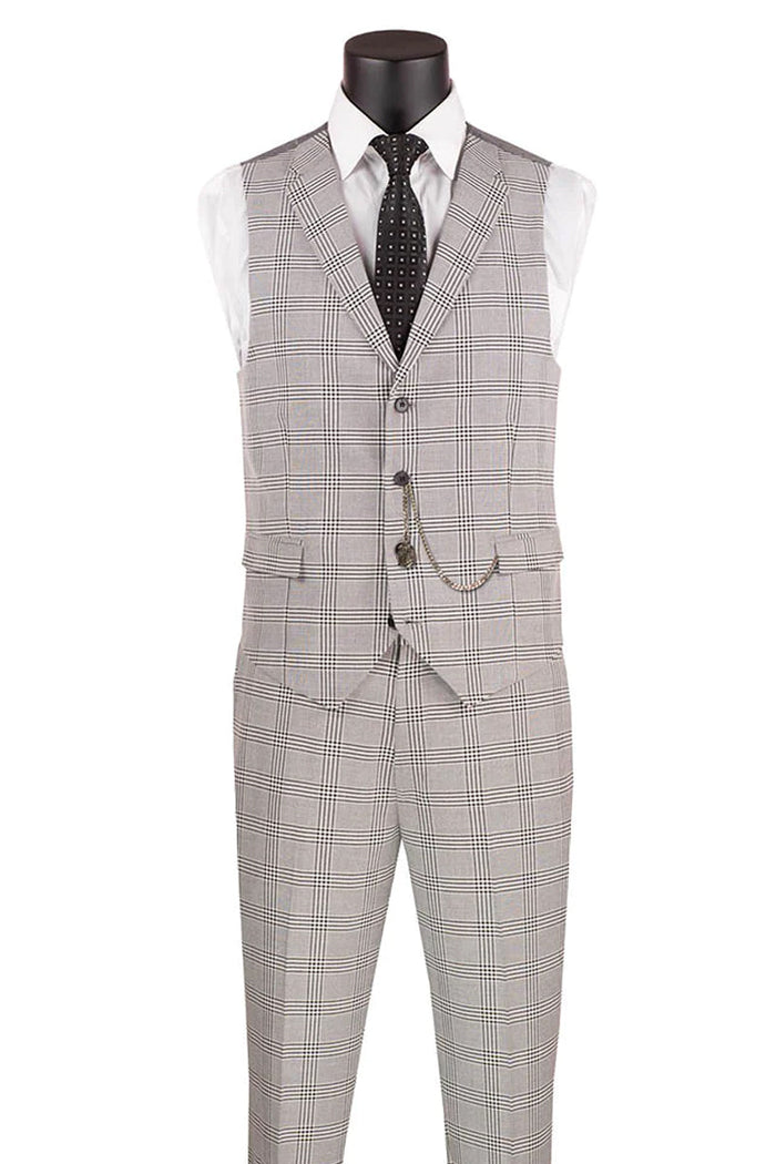 Sky Blue Glen Plaid Men's Slim Fit Summer Business Suit with Vest by Vinci