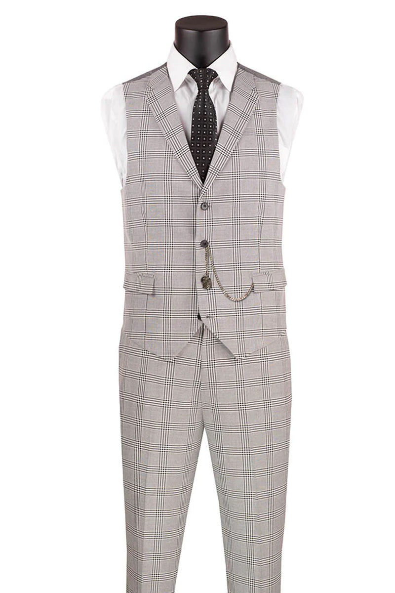 Sky Blue Glen Plaid Men's Slim Fit Summer Business Suit with Vest by Vinci
