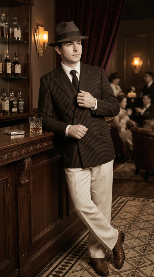 Men’s Black Pinstripe Blazer with White Pants 1920s Gangster Mob Boss Style Suit – Double Breasted Vintage Formal Jacket, Classic Party Costume Wear