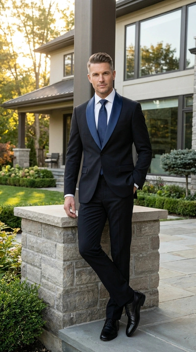 Men’s Black Suit with Navy Blue Lapel – Elegant Formal Tuxedo Style Suit for Wedding, Prom, Party and Evening Wear