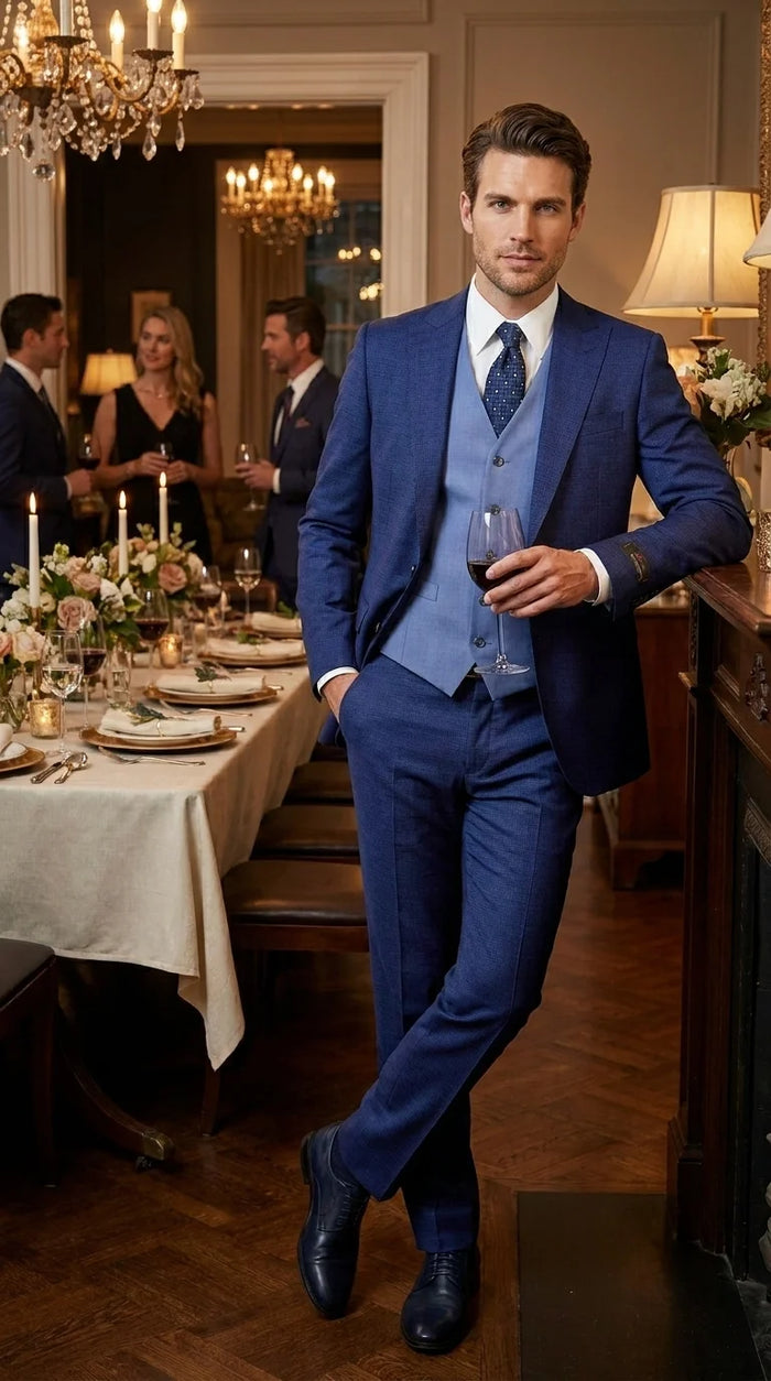 Vitali Men’s Navy Blue 3 Piece Suit with Light Blue Vest, Textured Formal Dress Suit for Weddings, Prom, Business Events, and Parties