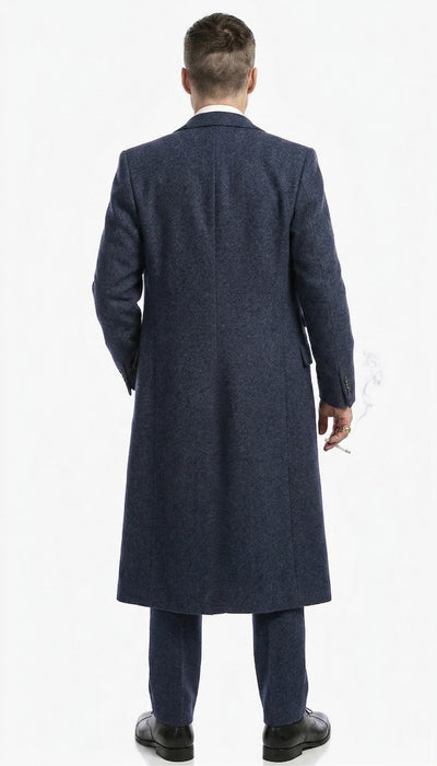 Men’s Navy Blue Herringbone Tweed  1920s 3 Piece Suit with Overcoat – Vintage Peaky Blinder Style Formal Suit Set with Blazer, Waistcoat + Overcoat + Hat