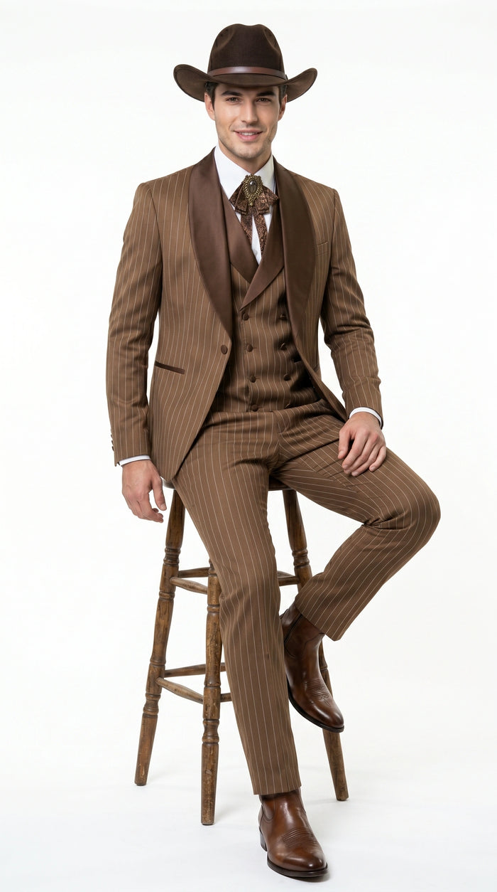 Men’s Brown Pinstripe Western Cowboy Tuxedo, Contrast Shawl Lapel Formal Suit for Weddings, Prom, Parties, and Special Occasions