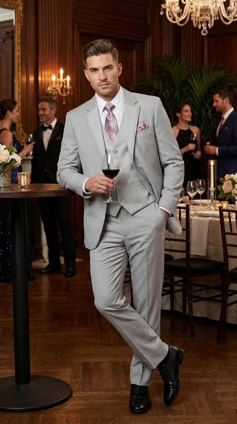 Men’s Light Gray 3 Piece Suit – Ice Silver Gray Formal Suit Set with Vest, Patterned Lapel and Tie for Wedding, Prom and Business Events – SuitUSA