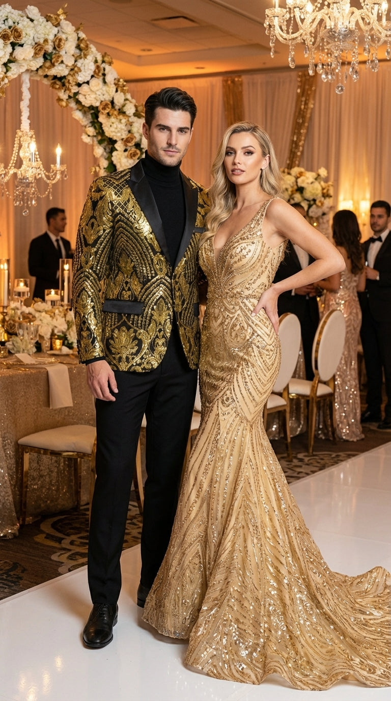 Mens Black and Gold Pattern Blazer – Gold Floral Luxury Formal Blazer Jacket for Prom, Wedding and Party Slim Fitted