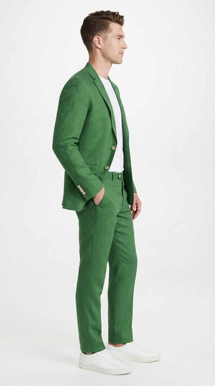 Men’s Emerald Green Linen Suit Set – Lightweight Summer Blazer and Pants, Casual Formal Summer Suit, Breathable Wedding Party Outfit