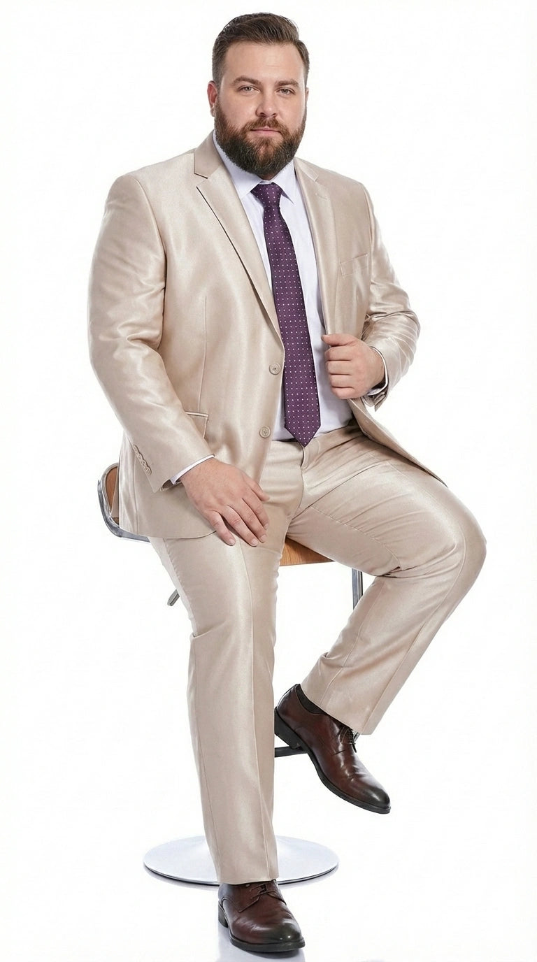 Men’s Champagne Tan Sharkskin 2 Button Suit – Shiny Formal Suit with Optional Vest for Wedding, Prom, Business Beige Color