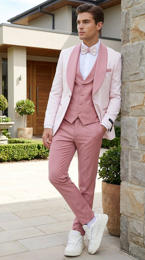 Men’s Cream and Rose Pink Prom Suit – Cream Tuxedo Jacket with Rose Pink Pants and Shawl Lapel Formal Suit for Prom and Wedding
