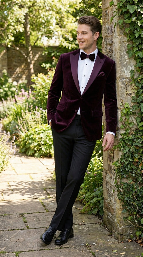 Mens Plum Eggplant Velvet Blazer Jacket – Luxury Velvet Dinner Jacket for Wedding, Tuxedo Events, Formal Parties in Burgundy Color