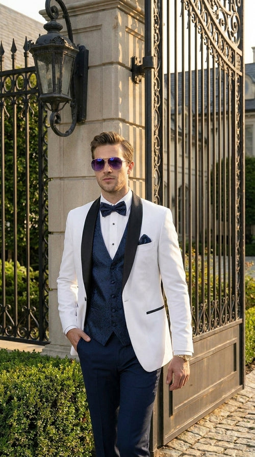 Men’s White and Navy Blue Tuxedo Wedding Suit with Blazer, Vest, Pants and Bow Tie, Formal Groom Suit