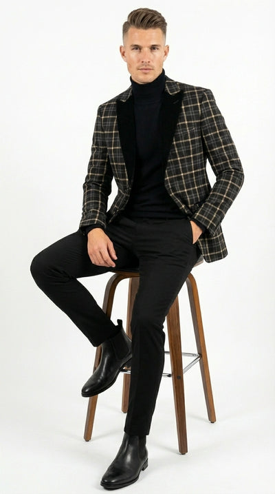 Mens Tartan Black and Gold Check Blazer – Windowpane Plaid Sport Coat Velvet Lapel Formal Party Jacket Chirsitmas New Year Holiday Jacket