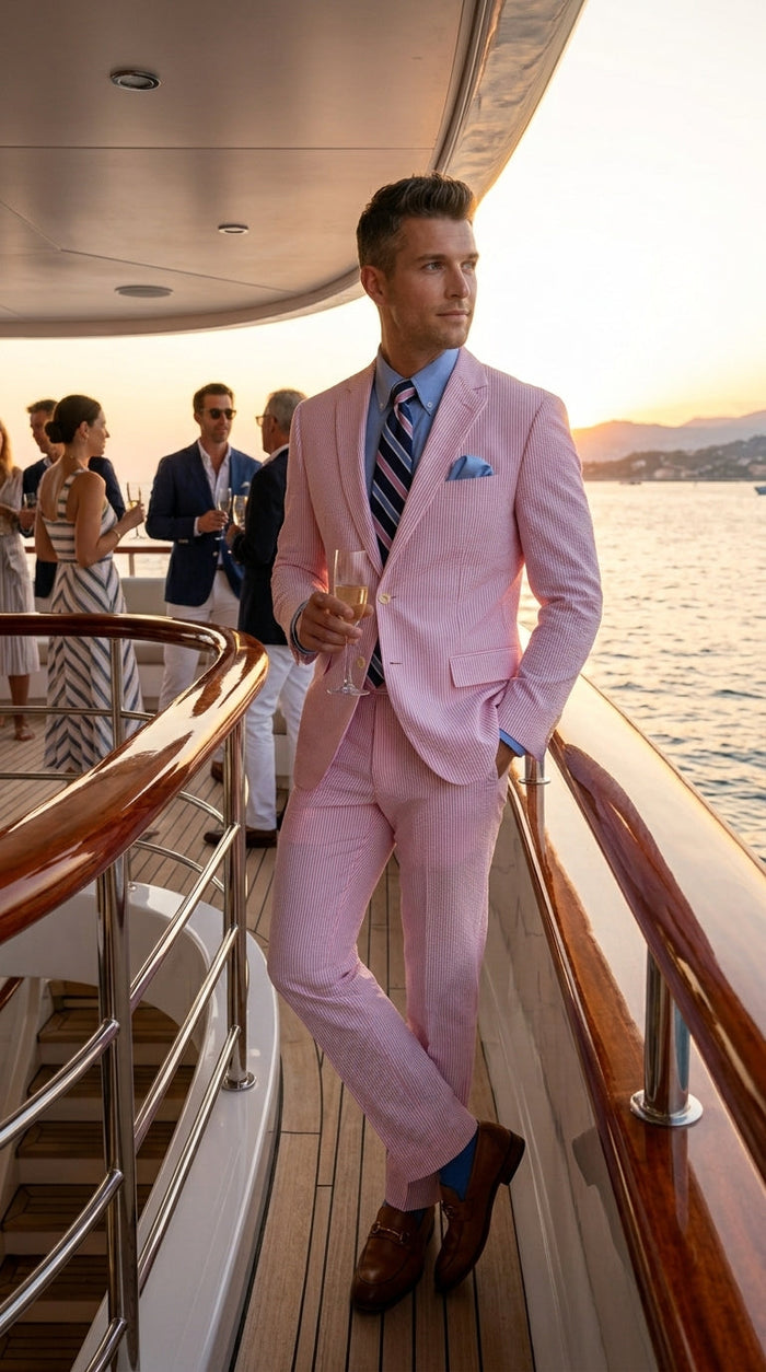 Men’s Pink Seersucker 2 Piece Suit, Lightweight Summer Dress Suit for Weddings, Prom, Parties, and Special Occasions