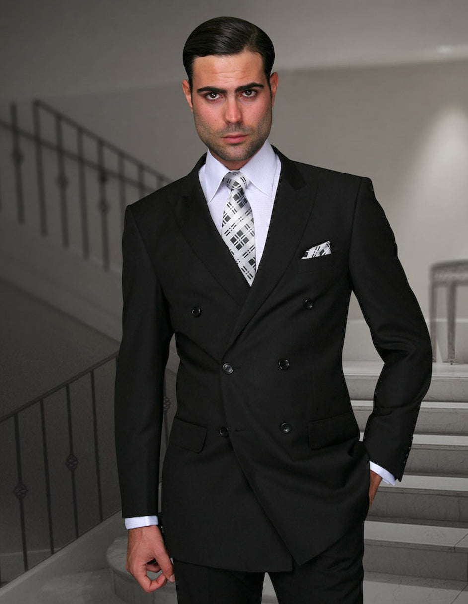 Mens Classic Wool Double Breasted Suit in Black – SuitUSA