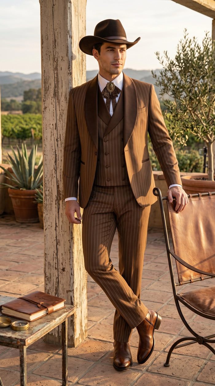 Men’s Brown Pinstripe Western Cowboy Tuxedo, Contrast Shawl Lapel Formal Suit for Weddings, Prom, Parties, and Special Occasions