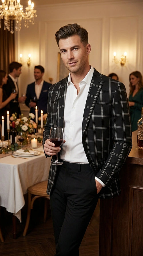 Men’s Black Windowpane Check Blazer – Black Plaid Formal Blazer Jacket for Business, Wedding and Smart Casual Style
