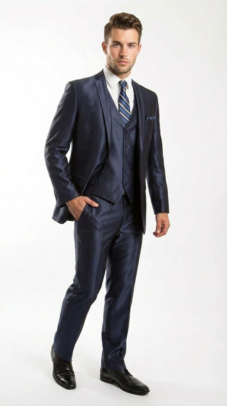 Men’s Navy Blue Sharkskin 3 Piece Suit – Two Button Vested Sleek Formal Suit for Wedding, Prom, Business and Party Wear