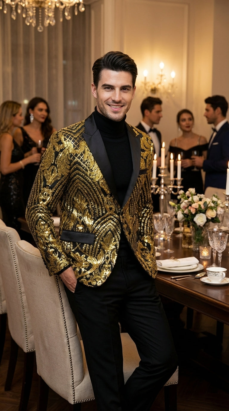 Mens Black and Gold Pattern Blazer – Gold Floral Luxury Formal Blazer Jacket for Prom, Wedding and Party Slim Fitted