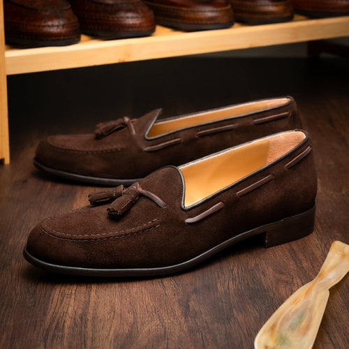 Zelli Franco Classic Tassel Loafers in Nicotine Suede Goatskin