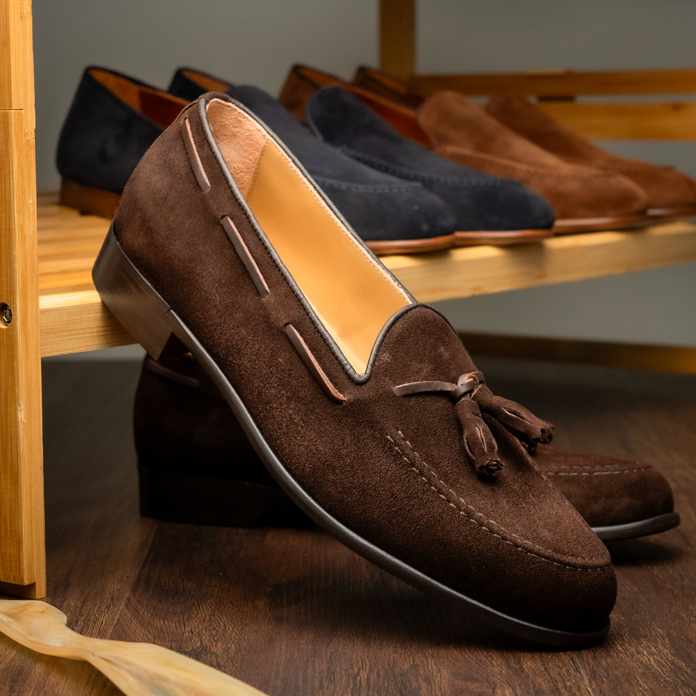 Zelli Franco Classic Tassel Loafers in Nicotine Suede Goatskin