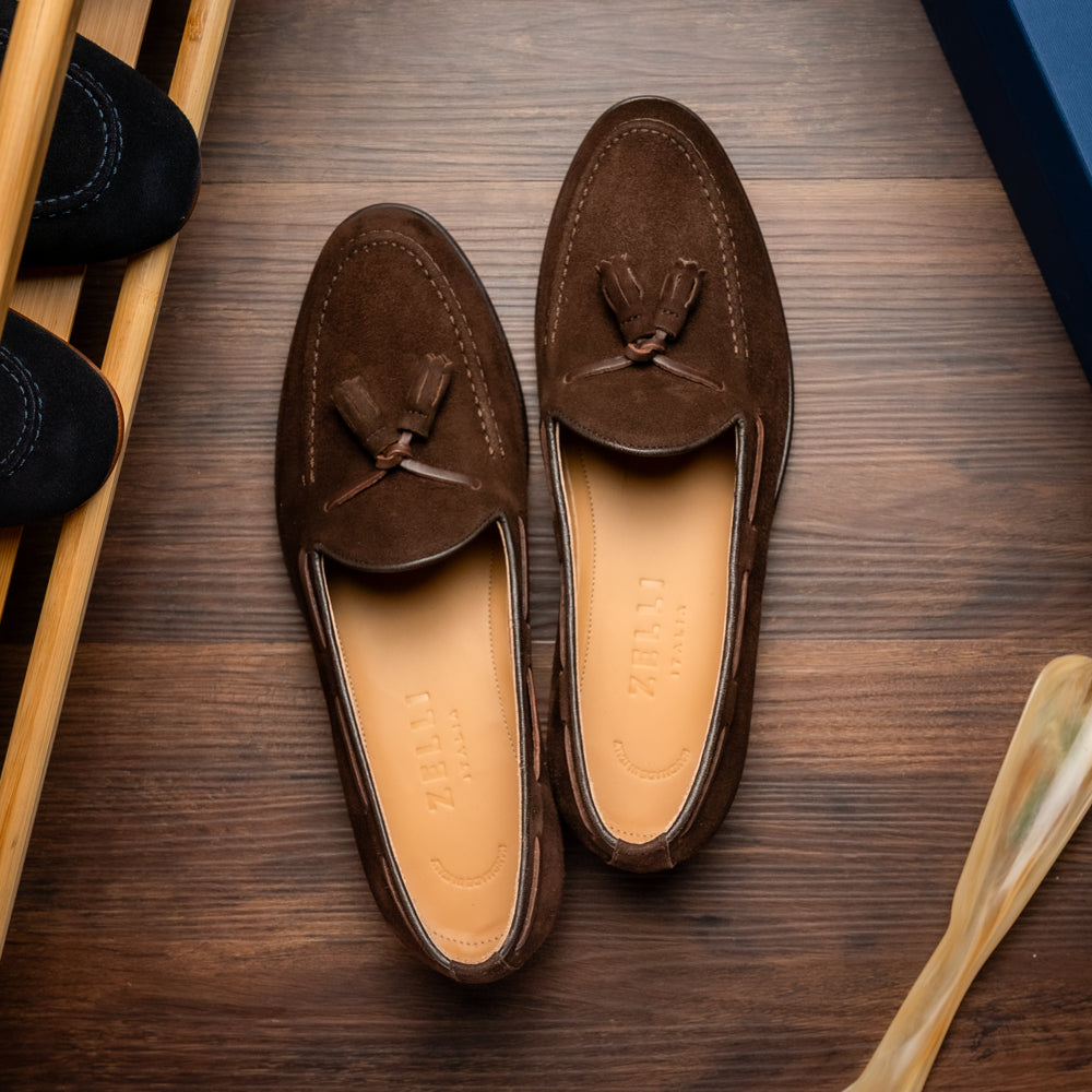 Zelli Franco Classic Tassel Loafers in Nicotine Suede Goatskin