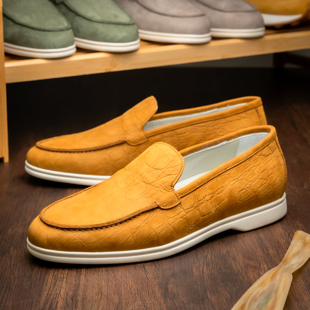 Zelli Livorno Stampata Crocodile Embossed Nubuck Loafer in Cognac