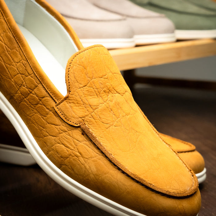 Zelli Livorno Stampata Crocodile Embossed Nubuck Loafer in Cognac