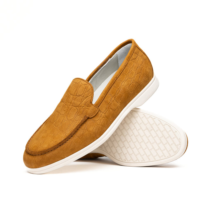 Zelli Livorno Stampata Crocodile Embossed Nubuck Loafer in Cognac
