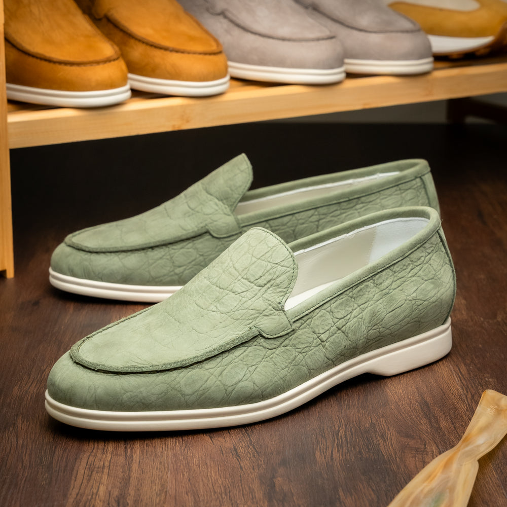 Zelli Livorno Stampata Crocodile-Embossed Nubuck Loafer in Celery