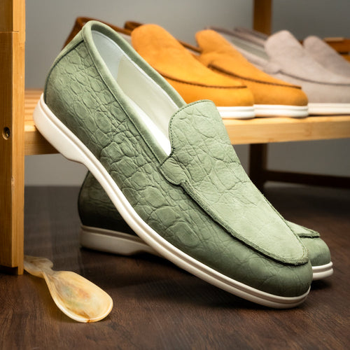 Zelli Livorno Stampata Crocodile-Embossed Nubuck Loafer in Celery