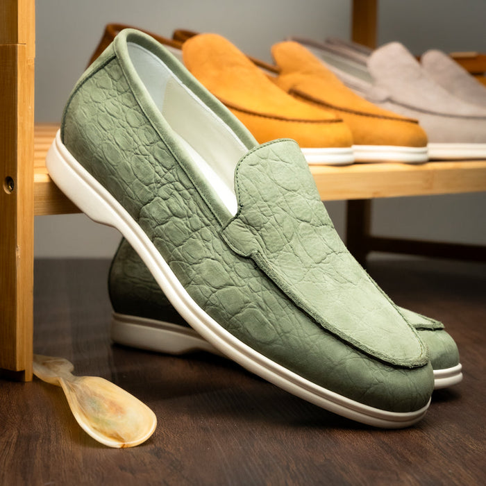 Zelli Livorno Stampata Crocodile-Embossed Nubuck Loafer in Celery