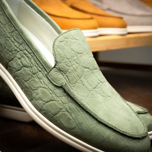 Zelli Livorno Stampata Crocodile-Embossed Nubuck Loafer in Celery