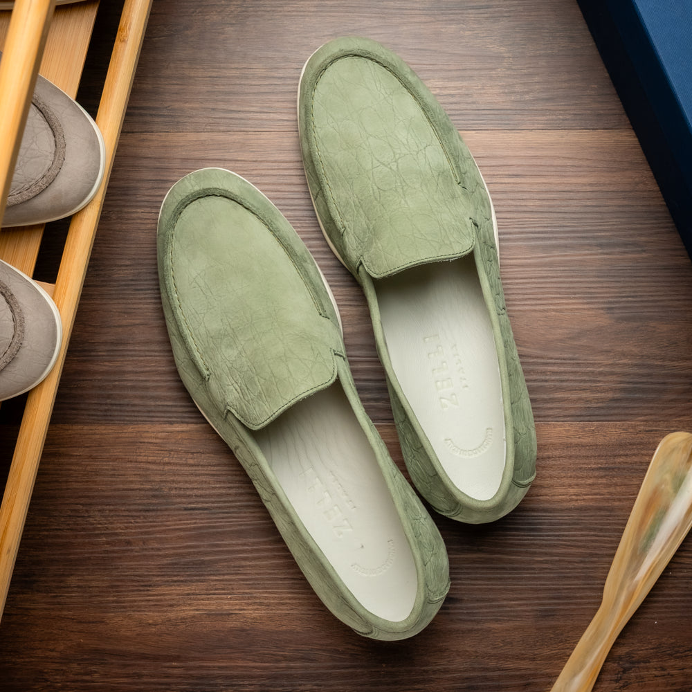 Zelli Livorno Stampata Crocodile-Embossed Nubuck Loafer in Celery