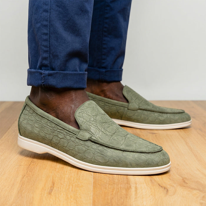 Zelli Livorno Stampata Crocodile-Embossed Nubuck Loafer in Celery