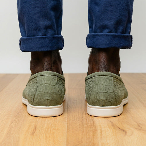 Zelli Livorno Stampata Crocodile-Embossed Nubuck Loafer in Celery