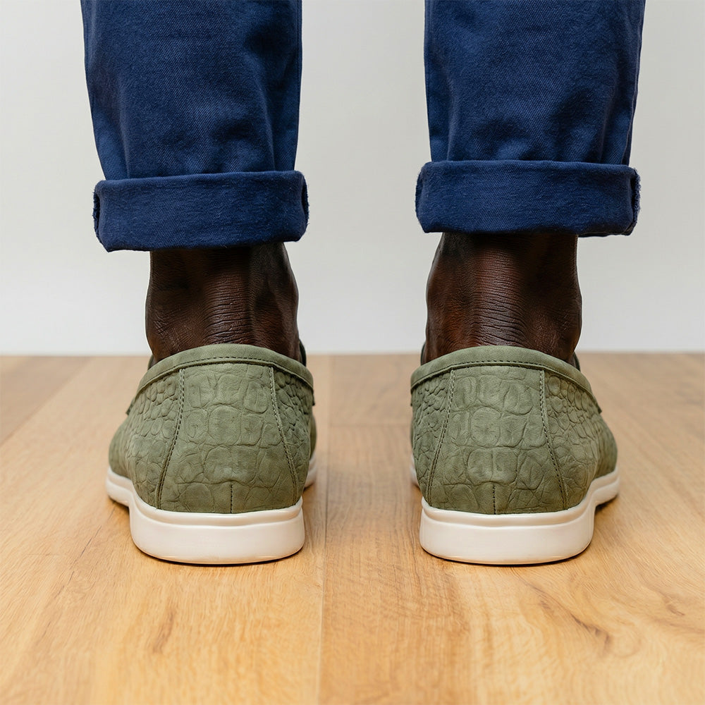 Zelli Livorno Stampata Crocodile-Embossed Nubuck Loafer in Celery