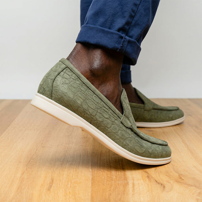 Zelli Livorno Stampata Crocodile-Embossed Nubuck Loafer in Celery